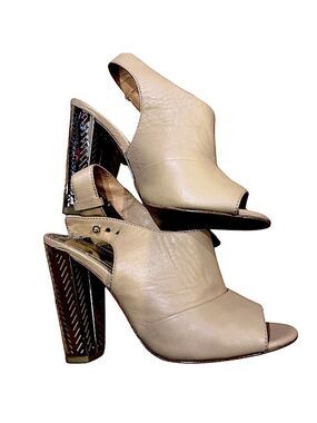Coach Leather Peep Toe Booties Gold Stacked Heel 5.5 $258 Nude Lillie